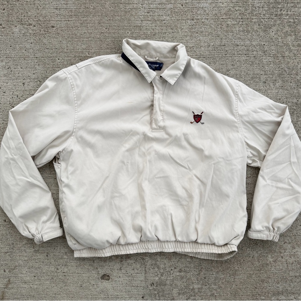 Vtg. 90s POLO GOLF Ralph Lauren Windbreaker Pullover 1/4 Snap Button Beige Men L